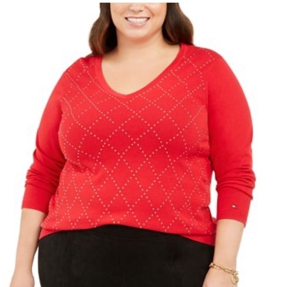 Tommy Hilfiger red vneck embellished sweater